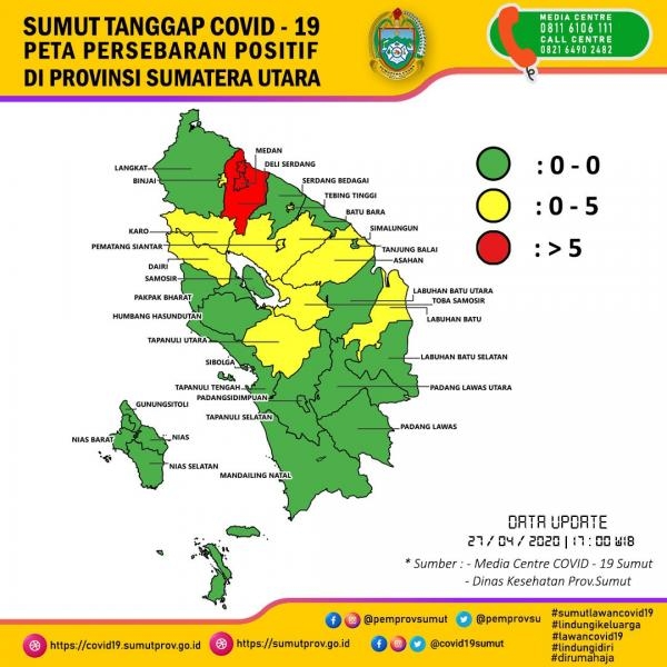 Peta Persebaran positif di Provinsi Sumatera utara 27 April 2020